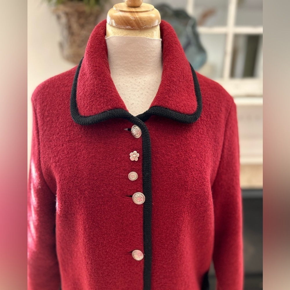 CARTE/Austria Red Boiled Wool Jacket with Black Trim - Picture 2 of 13